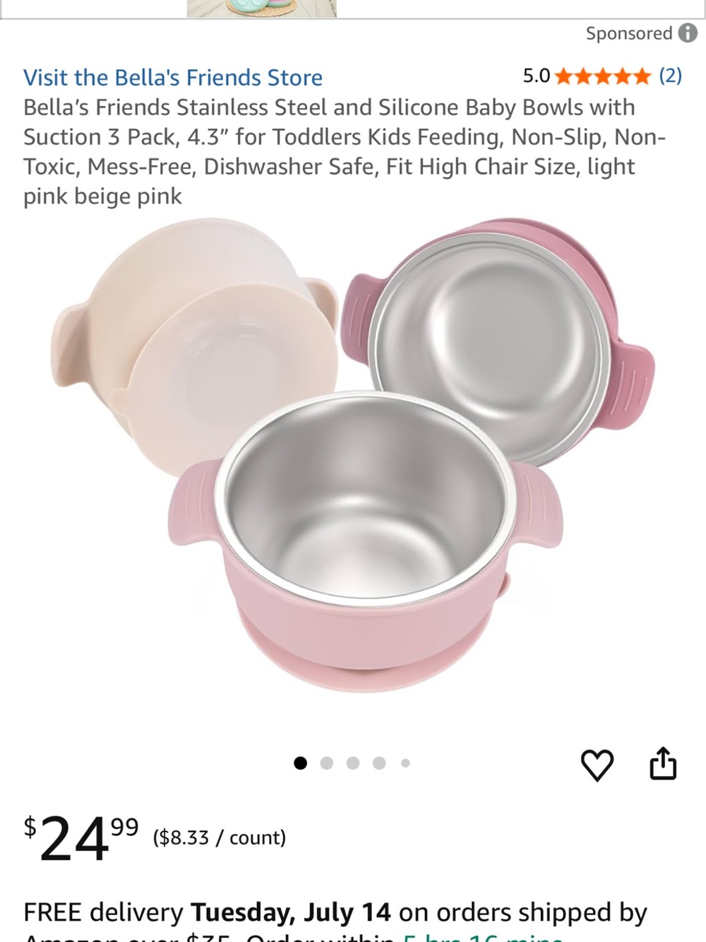 Bella's Friends Stainless Steel Silicone Baby Bowls - Pink & Beige